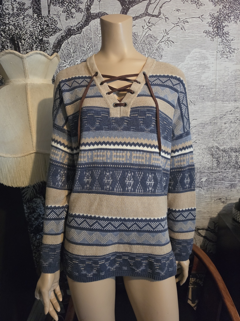 CHAPS Aztec Southwestern Lace Up V-Neck Sweater Tan Blue NWOT Large